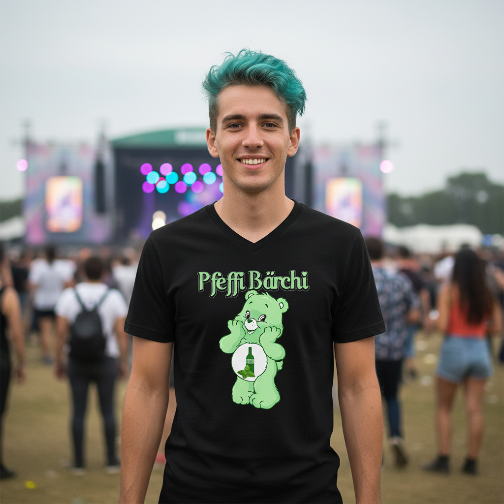 Junger Mann trägt Pfeffi Bärchi V-Neck auf Open-Air-Festival, bunte Festival-Atmosphäre mit Bühne im Hintergrund