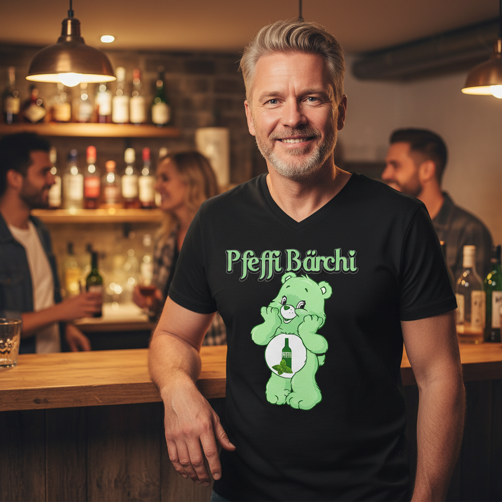 Gemütlicher Männerabend in Hausbar, Pfeffi Bärchi Shirt mit Glücksbärchi-Parodie und Minzschnaps-Motiv