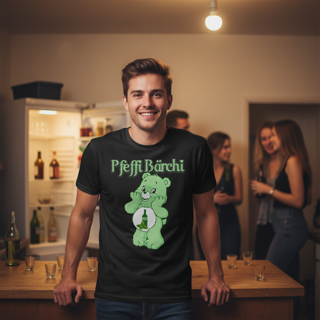 Junger Mann trägt Pfeffi Bärchi Shirt in WG-Küche bei Studentenparty, Kühlschrank und Shot-Gläser im Hintergrund