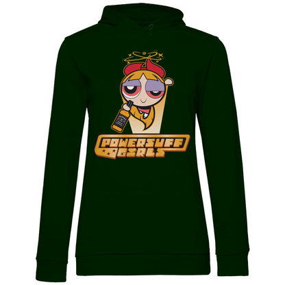 Waldgrüner Damen Hoodie mit Powerpuff Girls Nostalgie Motiv POWERSHUFF GIRLS, Frontansicht