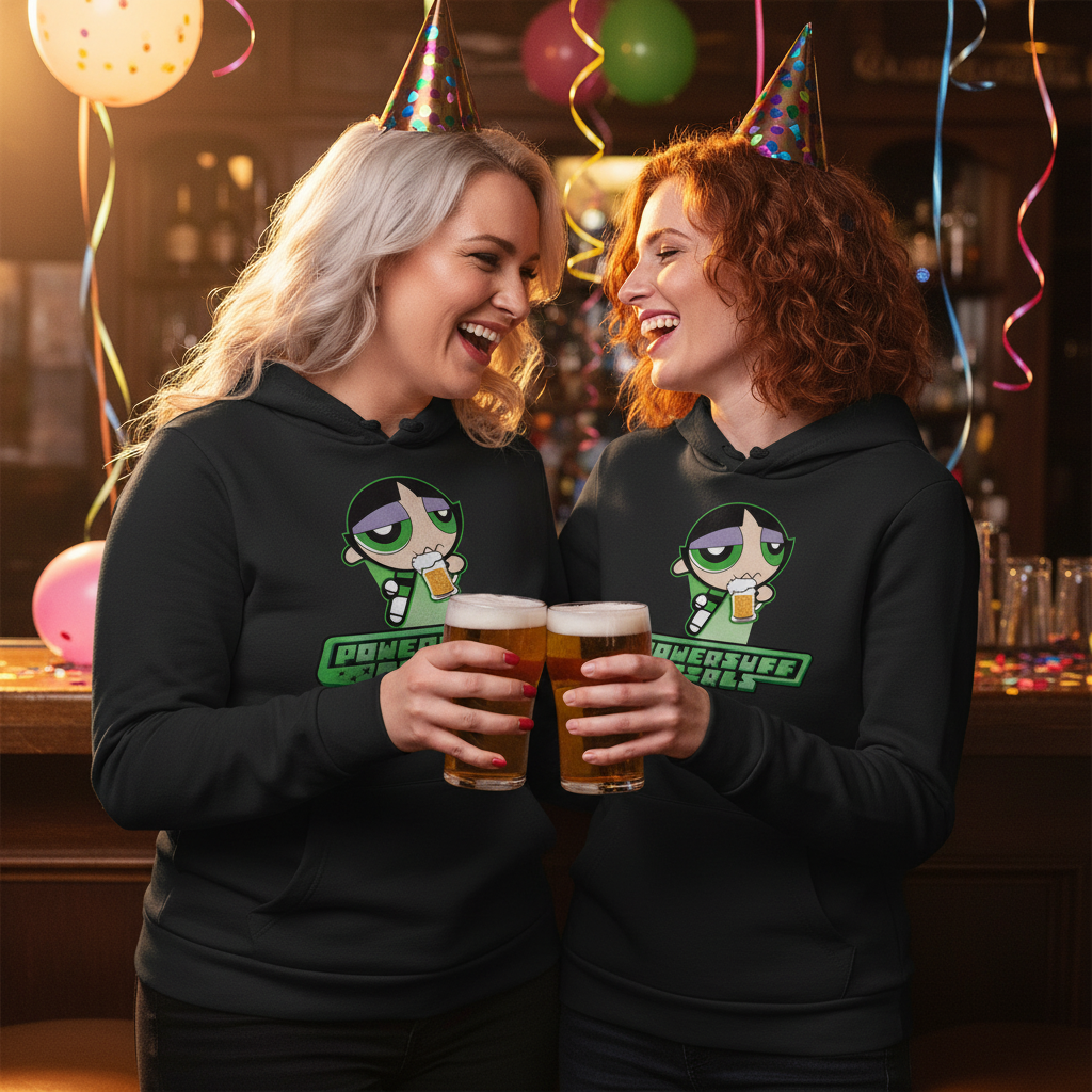 Zwei Frauen tragen Powersuff Girls Hoodies beim JGA und stoßen mit Bier an im Partnerlook