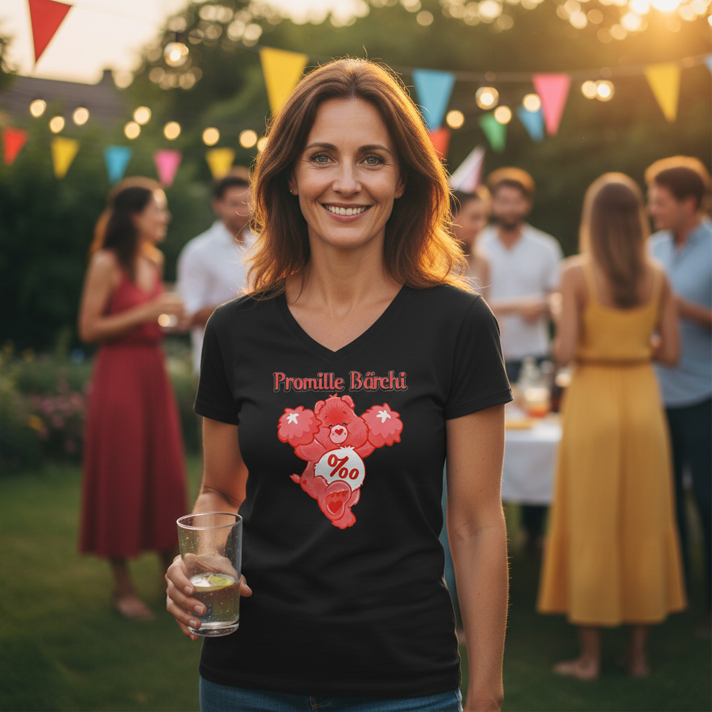 Damen Party Shirt Promille Bärchi auf Gartenparty, Lichterketten und Sommerabend-Stimmung