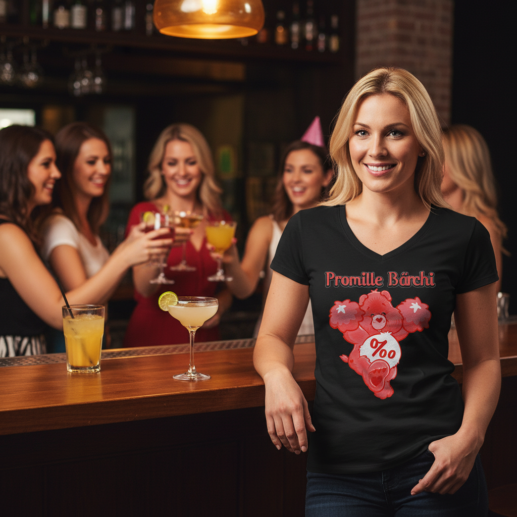 Glücksbärchi Promille V-Neck bei Junggesellinnenabschied in Bar, Cocktails und Freundinnen