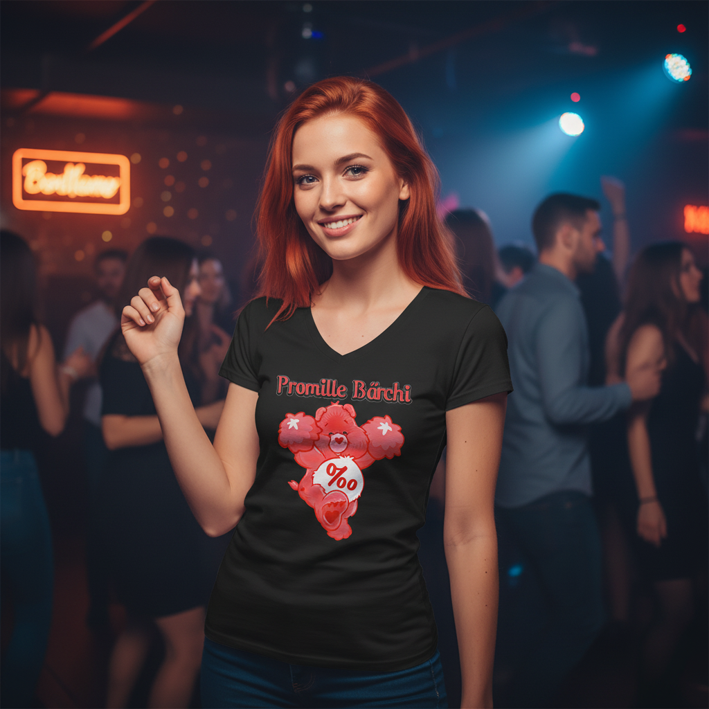 Frau tanzt in Promille Bärchi V-Neck im Nachtclub, bunte Disco-Lichter und Party-Atmosphäre