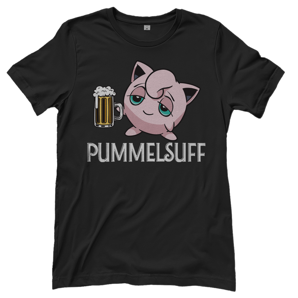Schwarzes Damen T-Shirt mit PUMMELSUFF Aufdruck rosa Charakter und Bierglas, Frontansicht