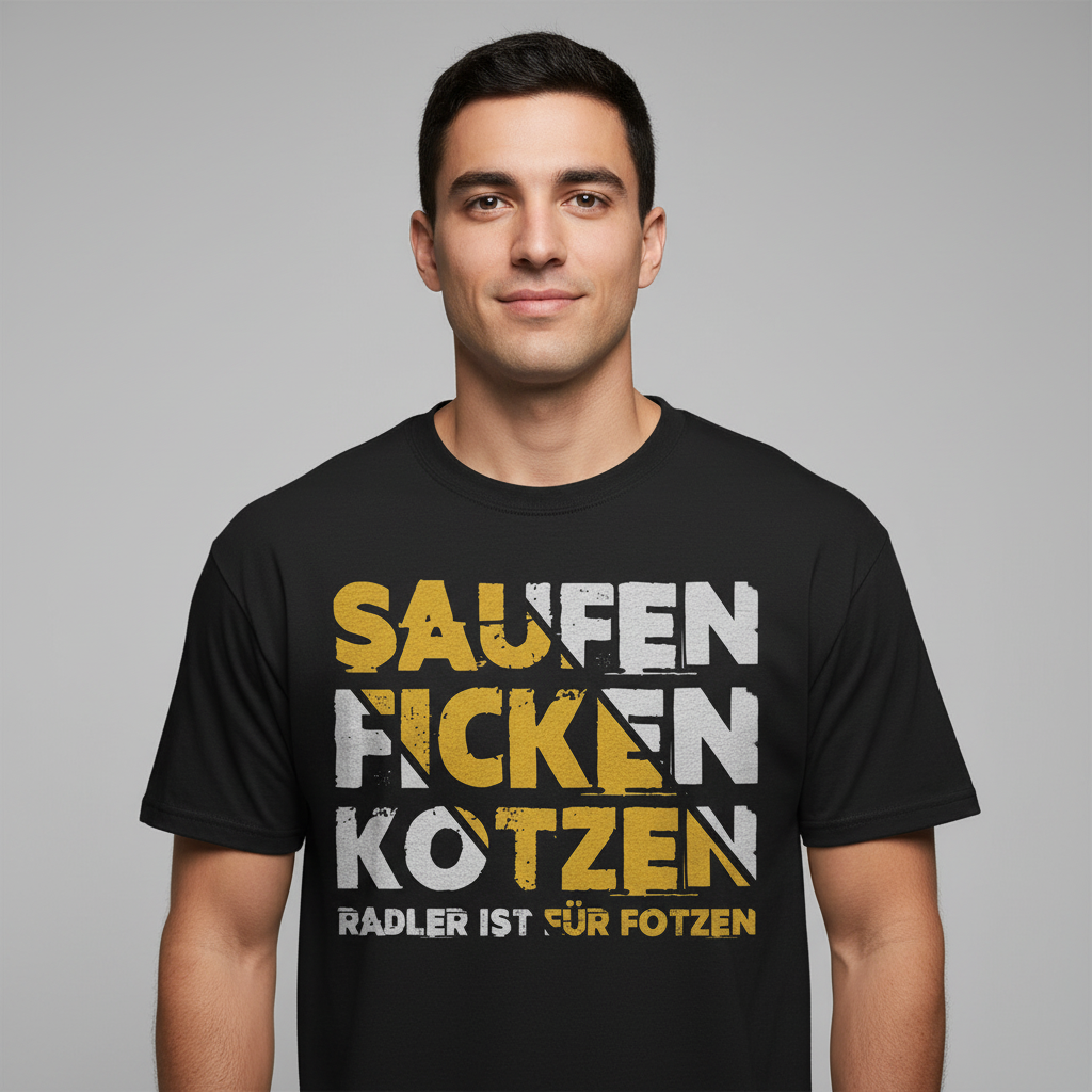 Schwarzes Herren Shirt mit SAUFEN FICKEN KOTZEN Radler ist für Fotzen Design gold-grau, Frontansicht