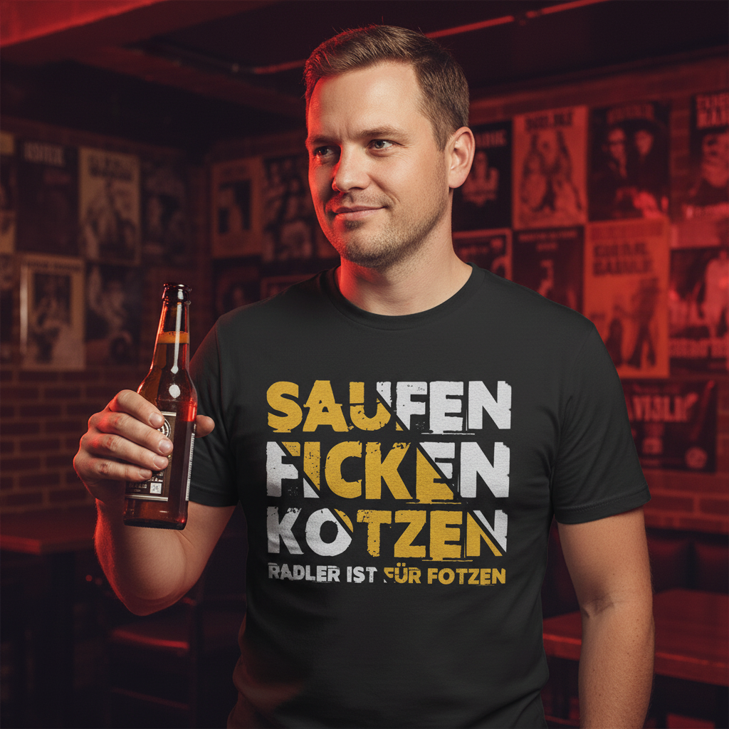 Ein Mann trägt das Radler ist für Fotzen Shirt im Tattoo-Studio, seitliche Ansicht rebellisch