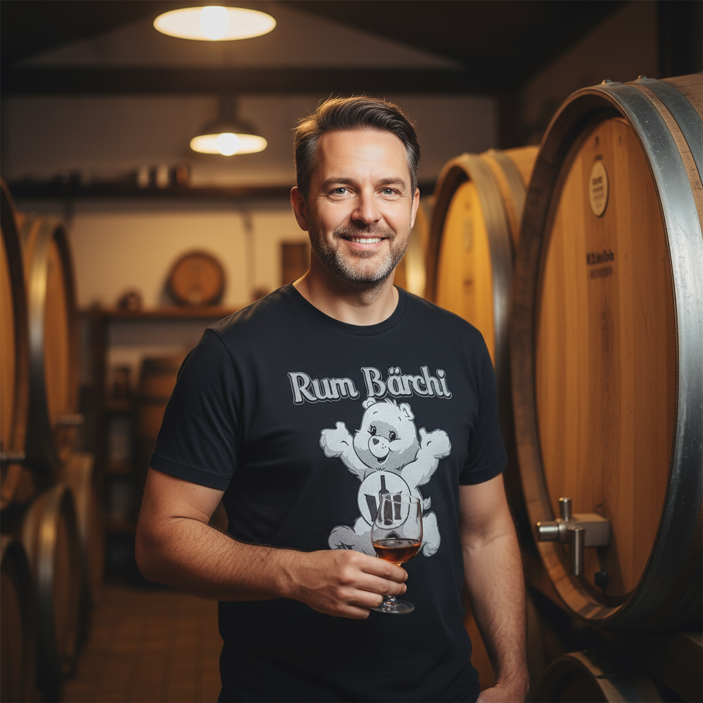 Rum-Kenner in Destillerie mit Holzfässern trägt Rum Bärchi Shirt, authentische Spirituosen-Atmosphäre