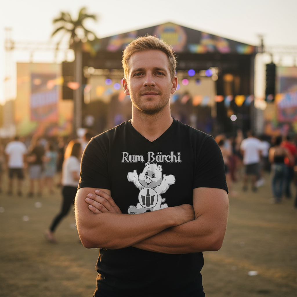 Mann bei Latin-Festival trägt Rum Bärchi Glücksbärchi V-Neck, bunte Festival-Deko und Sommerstimmung