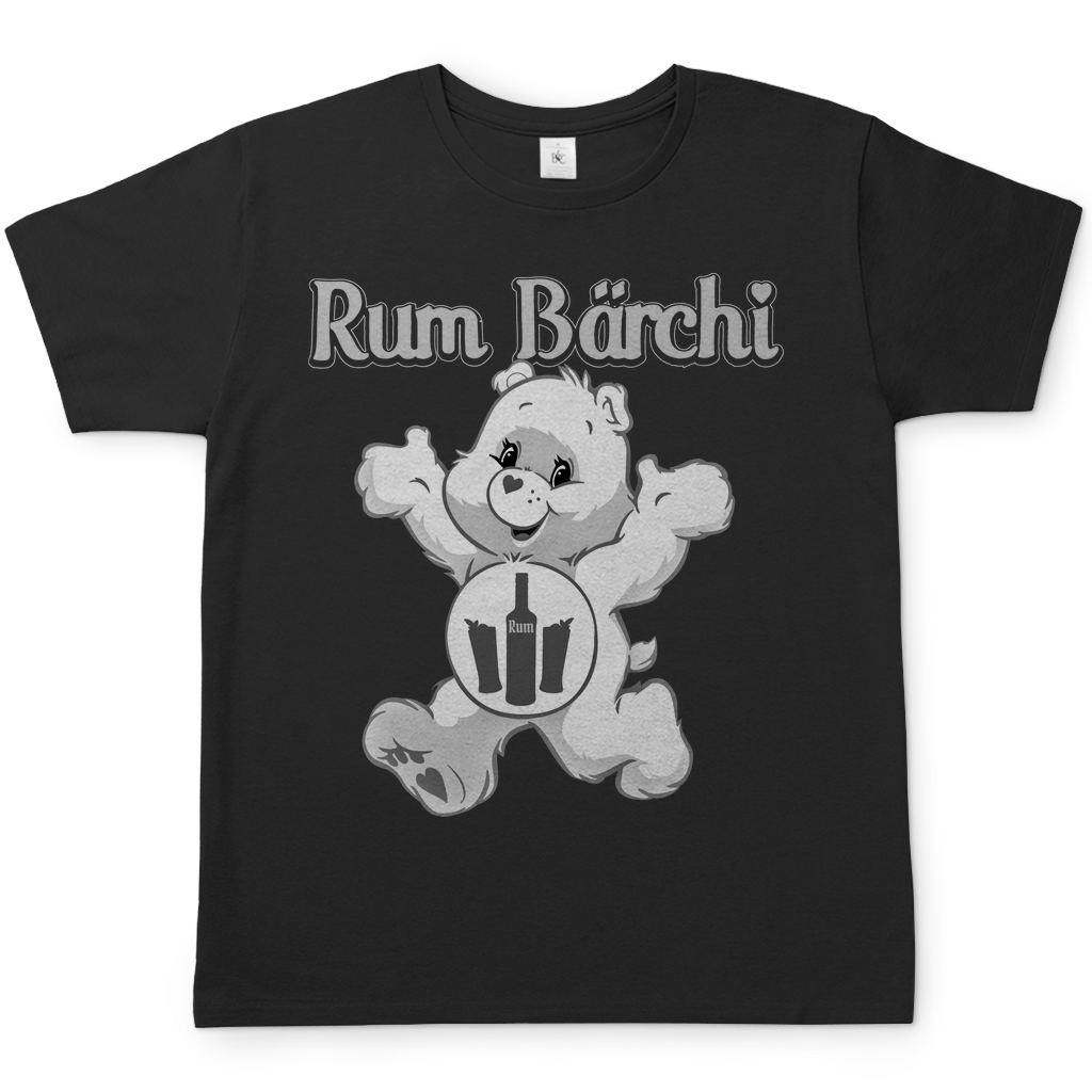 Schwarzes Herren Shirt mit Rum Bärchi Aufdruck Glücksbärchi Parodie und Rum-Flaschen, Frontansicht