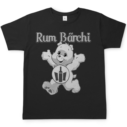 Schwarzes Herren Shirt mit Rum Bärchi Aufdruck Glücksbärchi Parodie und Rum-Flaschen, Frontansicht