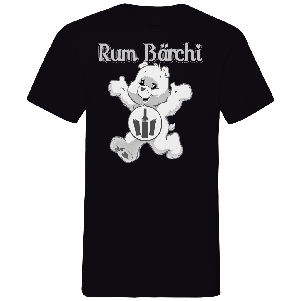Schwarzes Herren V-Neck Shirt mit Rum Bärchi Aufdruck Glücksbärchi Parodie, Frontansicht