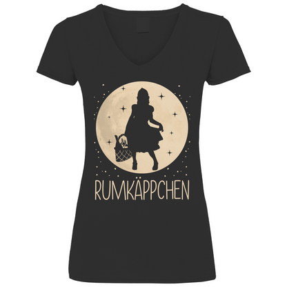 Schwarzes Damen V-Neck Shirt mit RUMKÄPPCHEN Motiv Mond Prinzessin witzig, Frontansicht