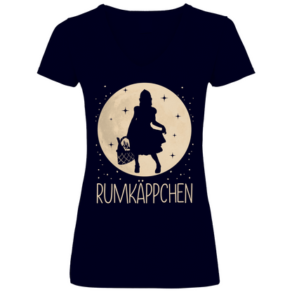 Navy T-Shirt Frauen mit Rumkäppchen Rotkäppchen Parodie und Rum Motiv witzig, Frontansicht
