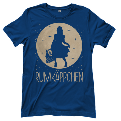 Royalblaues Frauen Shirt mit RUMKÄPPCHEN Märchen Parodie Design witzig, Frontansicht