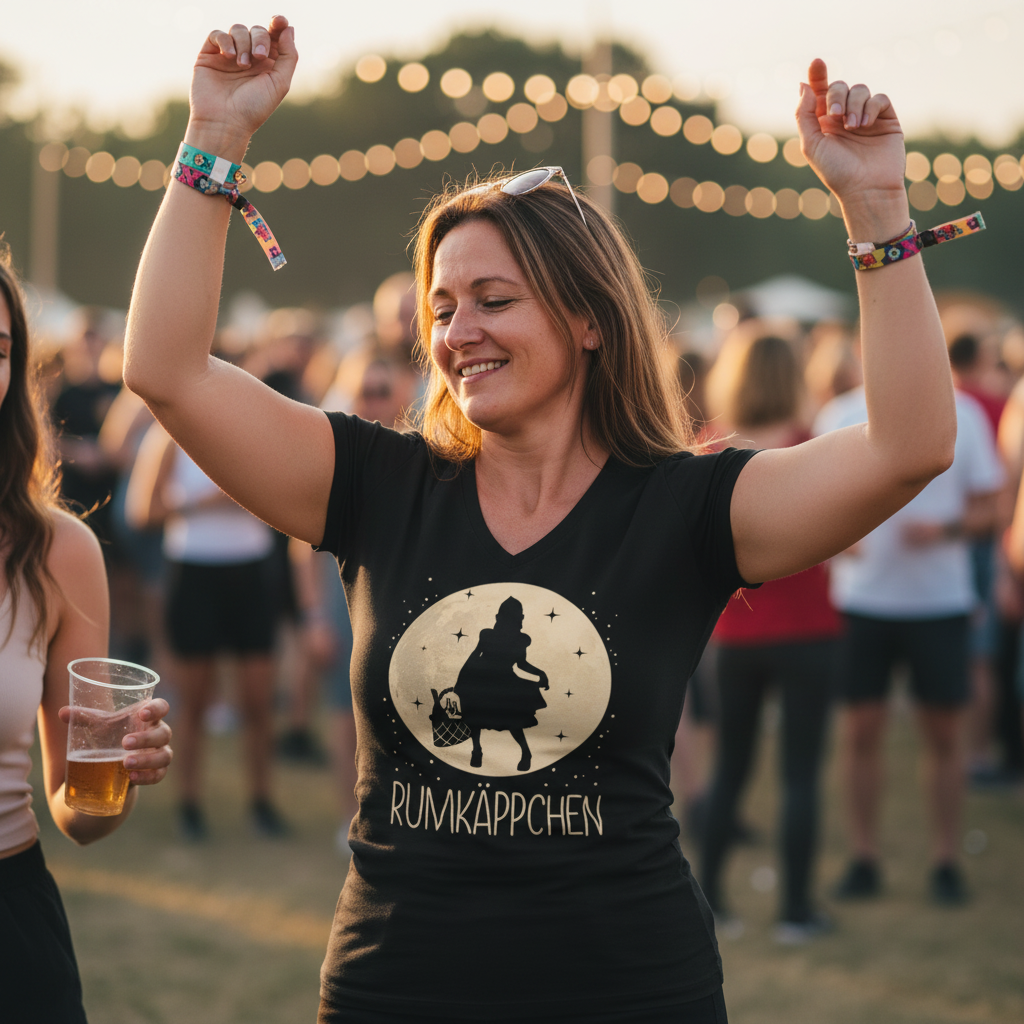 Eine Frau trägt ein Rumkäppchen Shirt auf dem Festival und tanzt beim Outdoor Event
