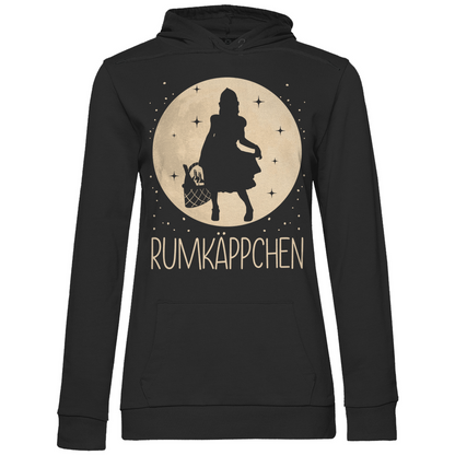 Schwarzer Damen Hoodie mit RUMKÄPPCHEN Mond Prinzessin Motiv beige, Frontansicht