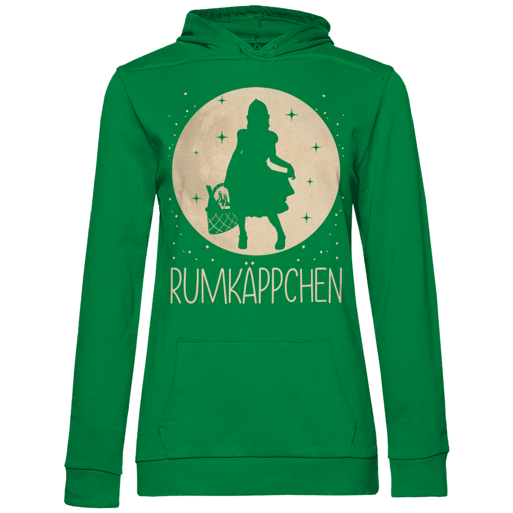 Kelly Green Hoodie Frauen mit witzigem Mond Prinzessin RUMKÄPPCHEN Motiv, Frontansicht