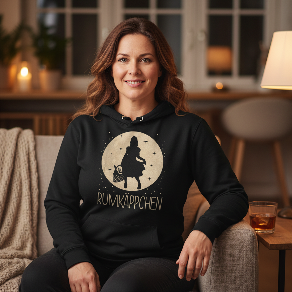 Eine Frau trägt den Mond Prinzessin RUMKÄPPCHEN Hoodie beim Netflix-Abend auf der Couch