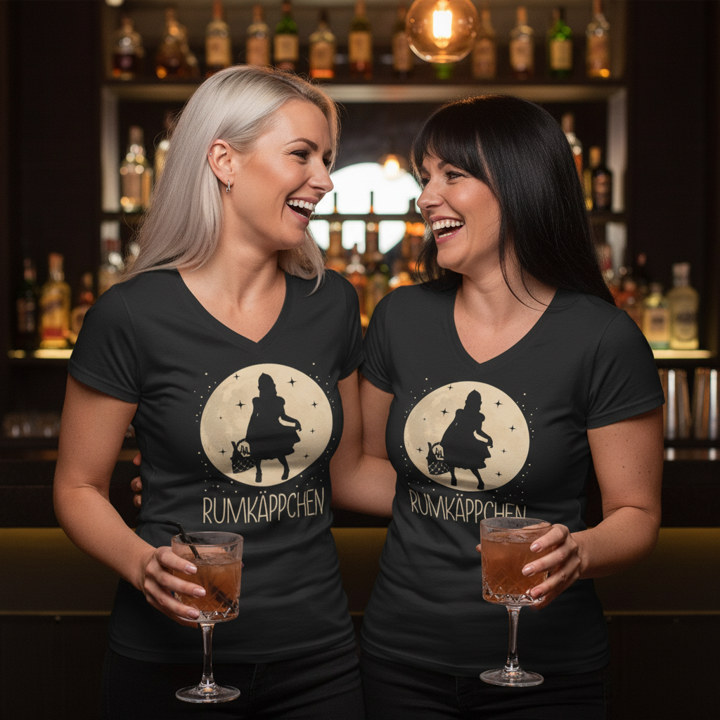 Zwei Frauen tragen RUMKÄPPCHEN Shirts im Partnerlook beim JGA in der Bar mit Rum Drinks