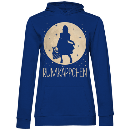 Royal Blue Frauen Hoodie mit Rotkäppchen Parodie RUMKÄPPCHEN und Mond Motiv, Frontansicht
