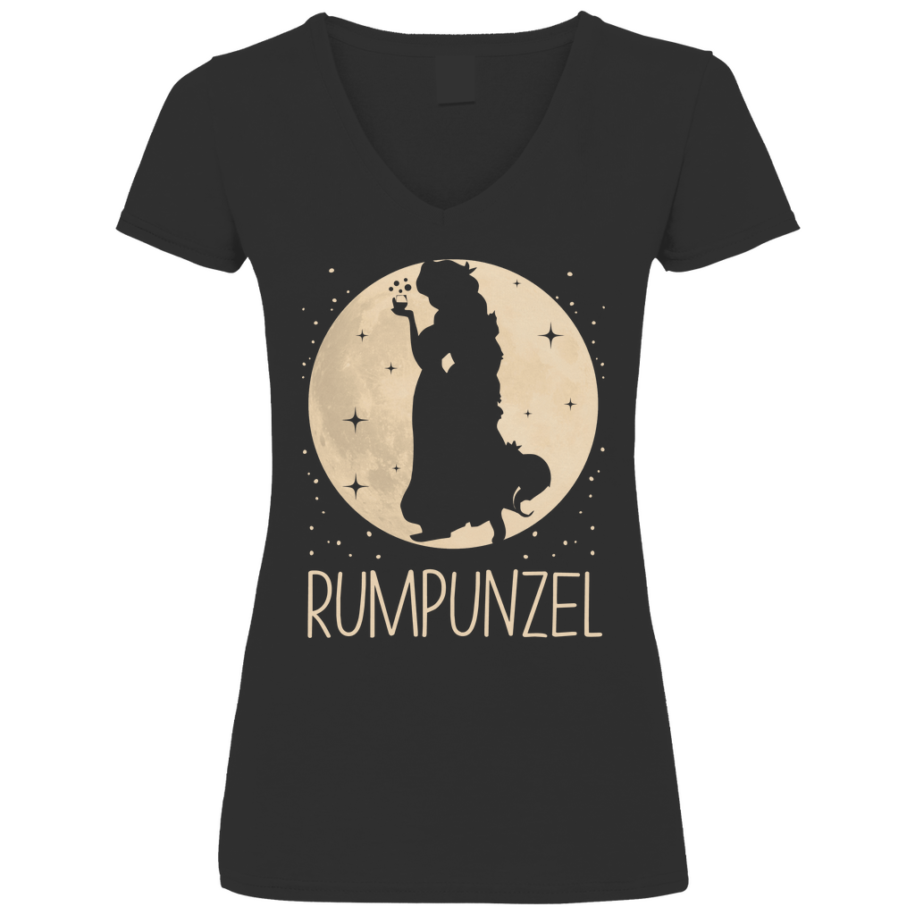 Schwarzes Damen V-Neck Shirt mit RUMPUNZEL Design Mond Prinzessin Silhouette, Frontansicht