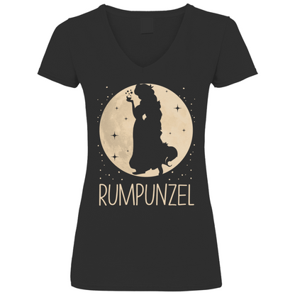 Schwarzes Damen V-Neck Shirt mit RUMPUNZEL Design Mond Prinzessin Silhouette, Frontansicht