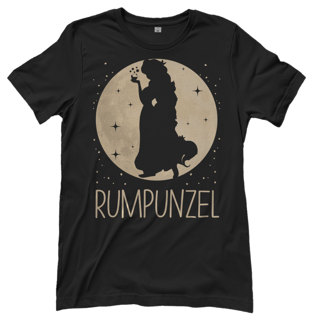 Schwarzes Damen Rundhals Shirt mit RUMPUNZEL Mond Prinzessin Motiv witzig, Frontansicht