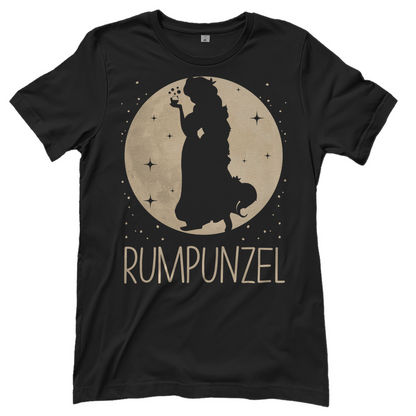 Schwarzes Damen Rundhals Shirt mit RUMPUNZEL Mond Prinzessin Motiv witzig, Frontansicht