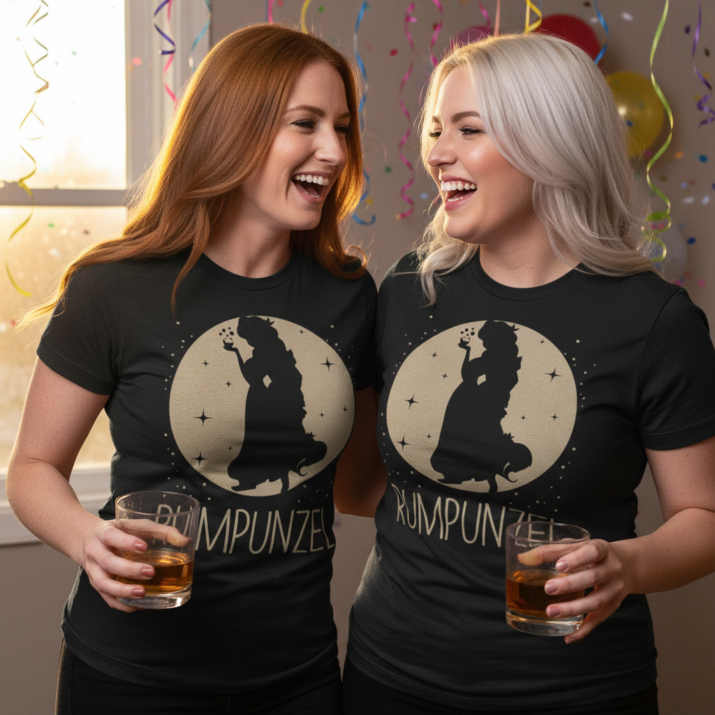 Zwei Frauen tragen das RUMPUNZEL Shirt bei der JGA Party und feiern mit Rum Cocktails