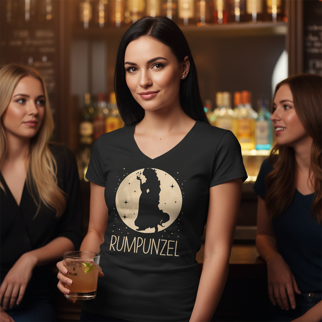 Eine Frau trägt das Rumpunzel V-Neck in Cocktailbar und hält Rum-Cocktail