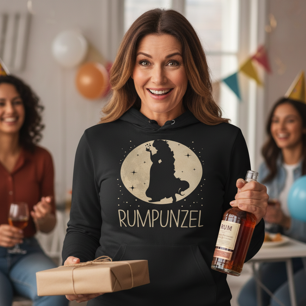 Eine Frau trägt den Rumpunzel Hoodie bei der Geburtstagsfeier und packt ein Geschenk aus
