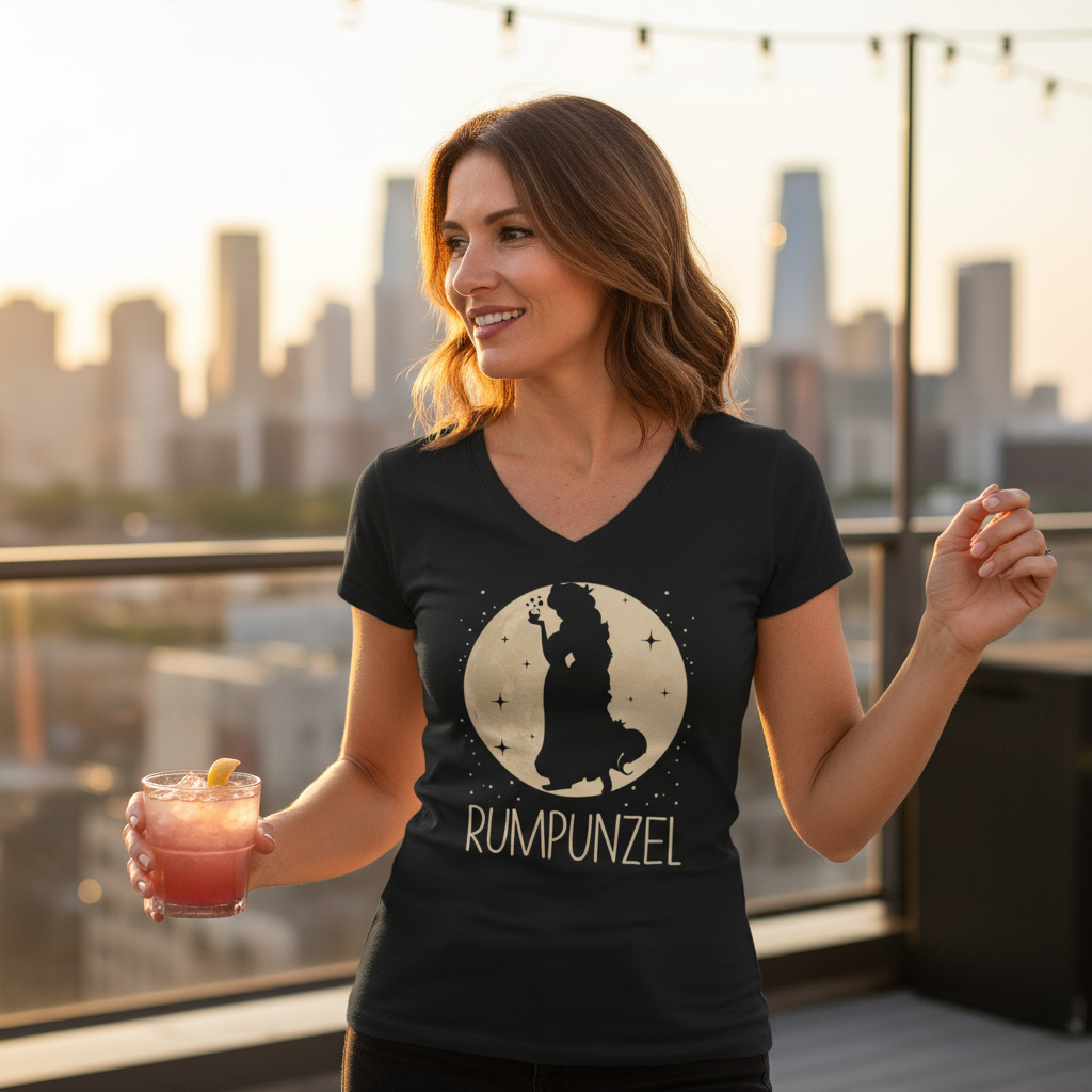 Eine Frau trägt das Rumpunzel V-Neck auf Rooftop-Bar bei Sommernacht und tanzt mit Drink