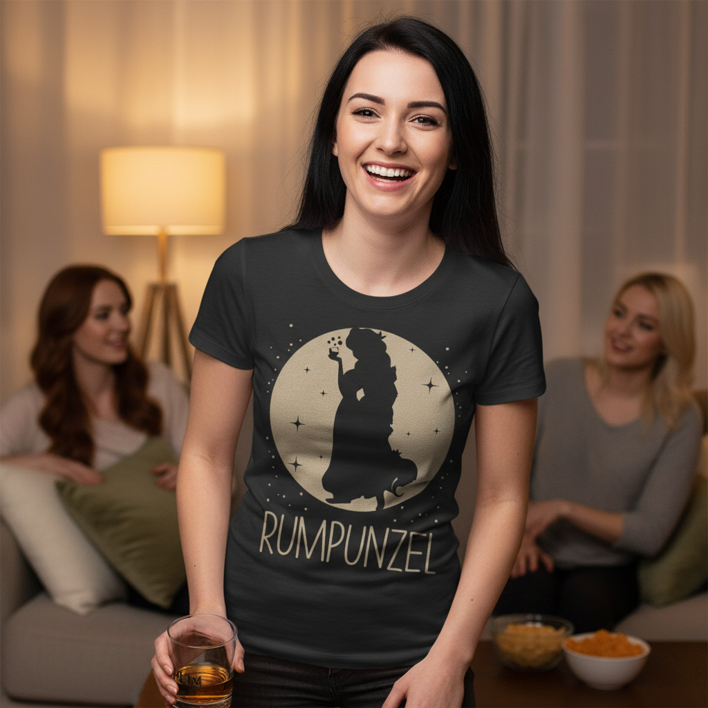 Eine Frau trägt das Rumpunzel Shirt beim Mädelsabend auf der Couch mit Rum Glas