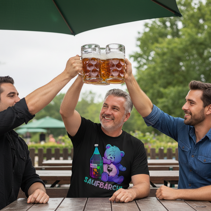 Biergarten Szene mit Saufbärchi Shirt, drei Freunde stoßen mit Maßkrügen an, entspannte Nachmittagsrunde
