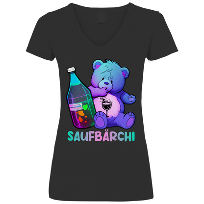 Schwarzes Damen V-Neck Shirt mit Saufbärchi Aufdruck Glücksbär und Schnapsflasche, Frontansicht