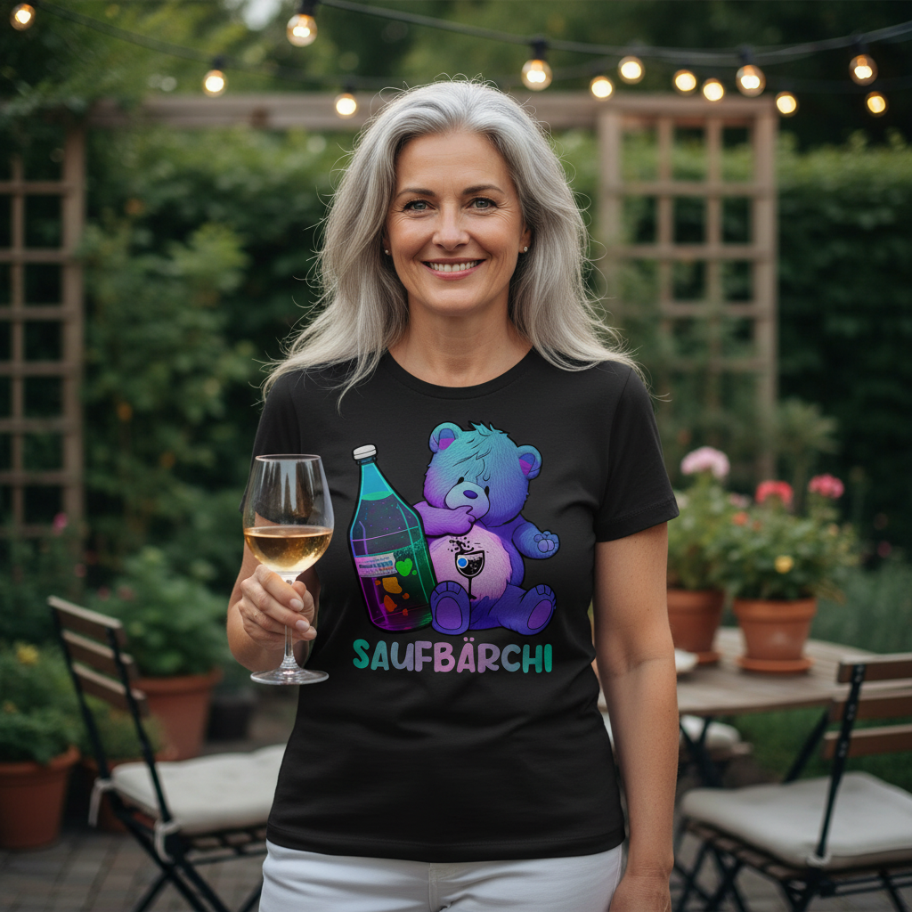 Sommerliche Gartenparty Szene, Saufbärchi Shirt mit Weinglas, Lichterketten und Pflanzen