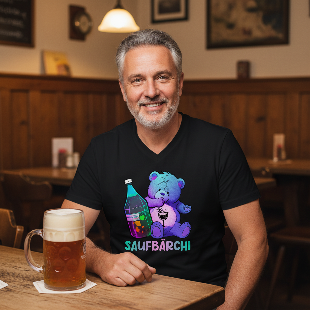 Gemütlicher Stammtisch in Gaststätte, Mann trägt Saufbärchi V-Neck, Bierkrug auf Holztisch