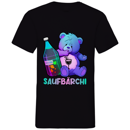 Schwarzes Herren V-Neck Shirt mit Saufbärchi Aufdruck Glücksbär und Schnapsflasche, Frontansicht