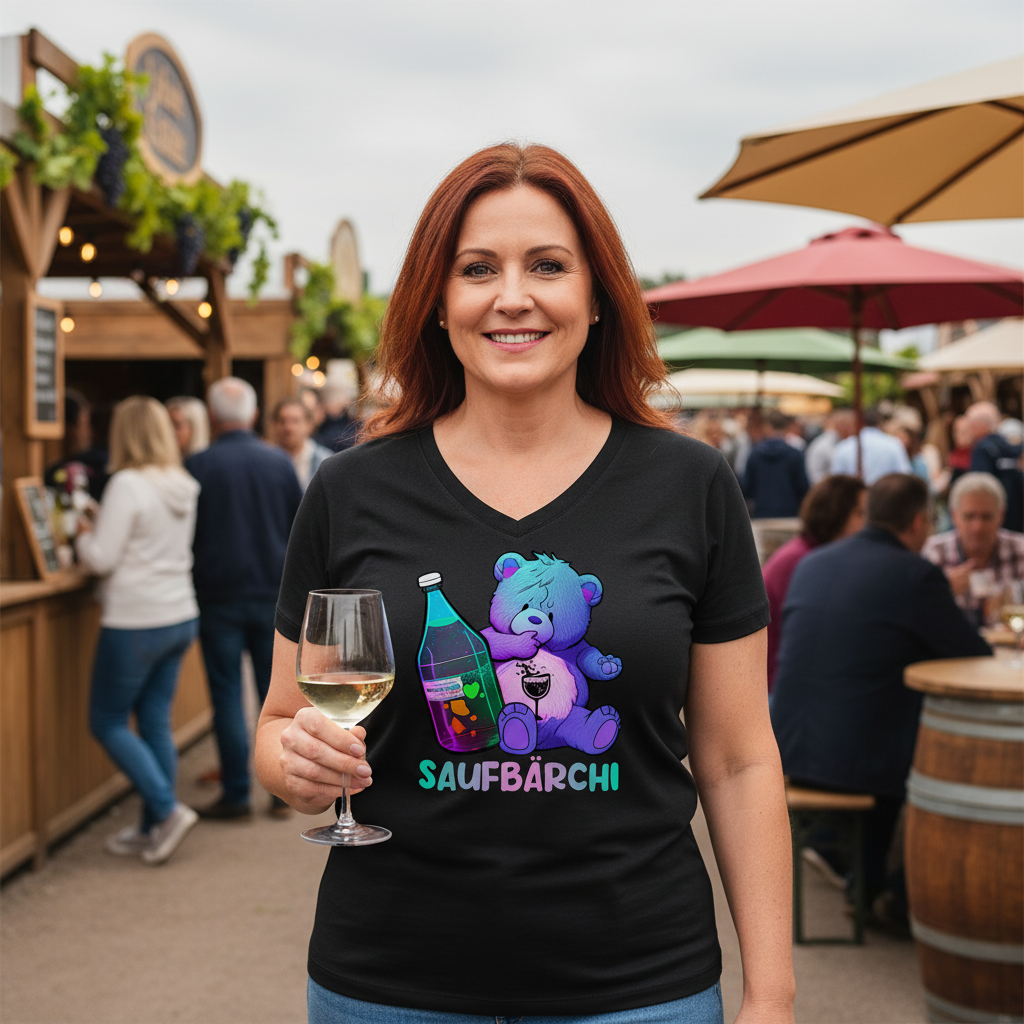 Weinfest Szene mit Saufbärchi V-Neck Damen, Frau mit Weinglas, Outdoor Festival-Atmosphäre