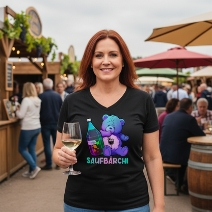 Weinfest Szene mit Saufbärchi V-Neck Damen, Frau mit Weinglas, Outdoor Festival-Atmosphäre