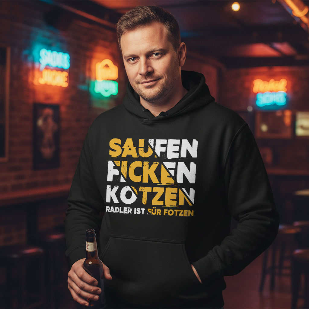 Ein Mann trägt den Saufen Ficken Kotzen Party Hoodie in einer Bar mit Bierflasche in der Hand