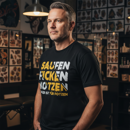 Ein Mann trägt das Saufen Ficken Kotzen Party Shirt in einer Bar und hält eine Bierflasche