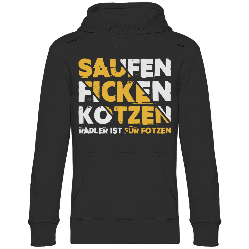Schwarzer Unisex Hoodie mit SAUFEN FICKEN KOTZEN Radler ist für Fotzen Design gold-grau, Frontansicht
