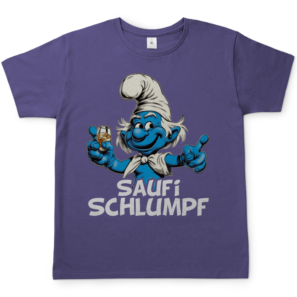 Lila Herren Shirt mit Saufi Schlumpf Motiv zeigt blaue Schlumpf-Figur mit Glas, Frontansicht, weißer Hintergrund