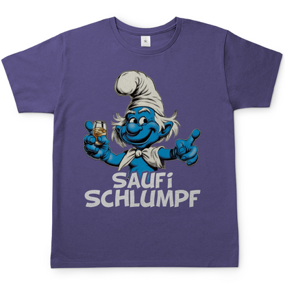 Lila Herren Shirt mit Saufi Schlumpf Motiv zeigt blaue Schlumpf-Figur mit Glas, Frontansicht, weißer Hintergrund