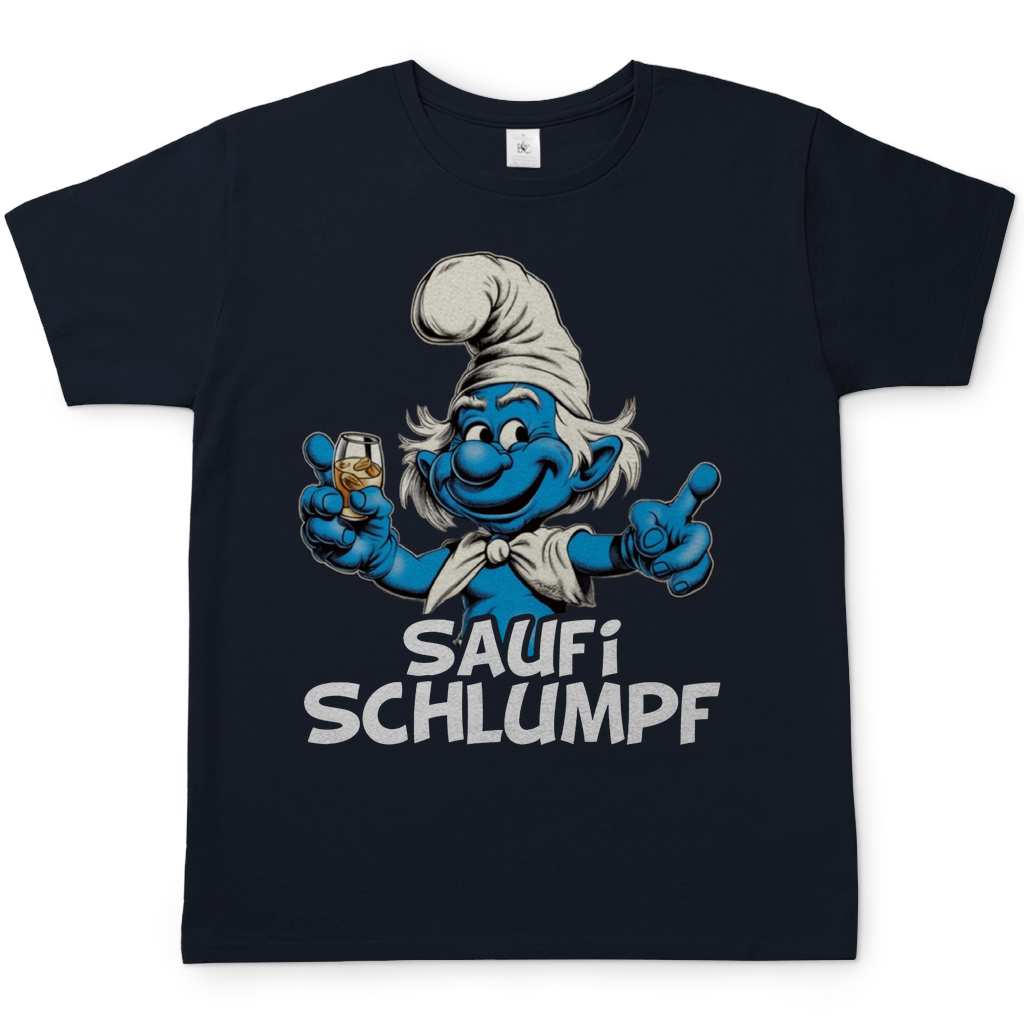 Navyblaues Herren Shirt mit Saufi Schlumpf Aufdruck zeigt Party-Schlumpf mit Glas, Frontansicht, weißer Hintergrund