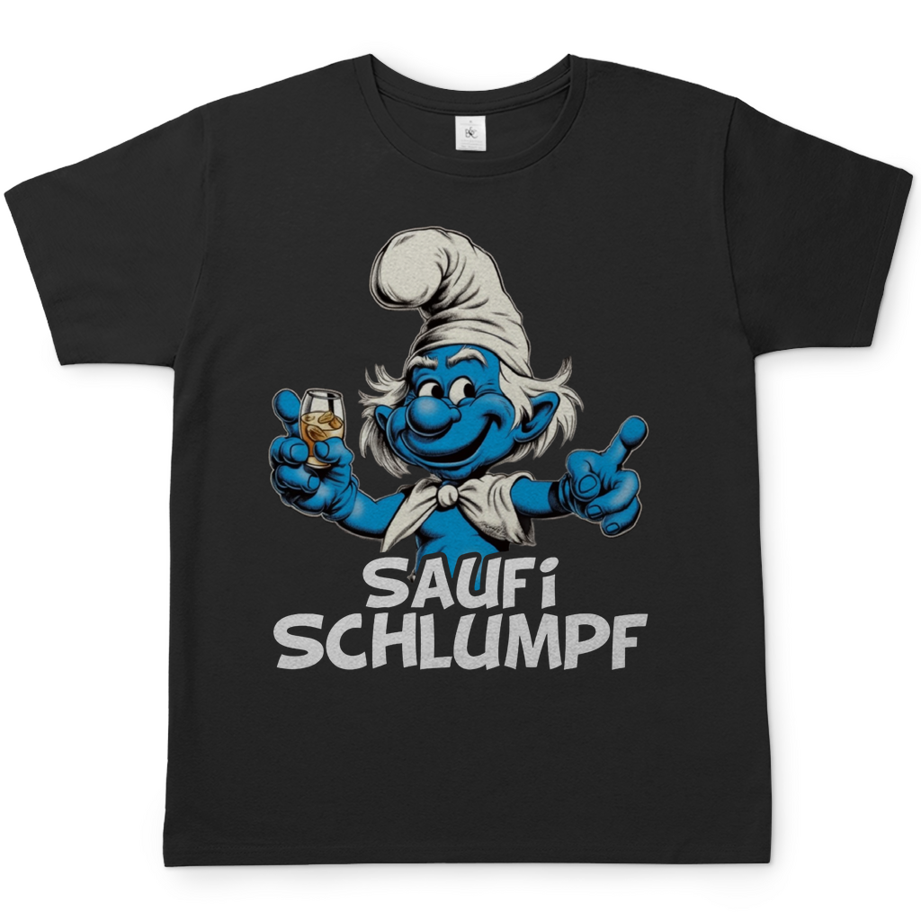 Schwarzes Herren Shirt mit Saufi Schlumpf Motiv zeigt blaue Schlumpf-Figur mit Whiskeyglas, Frontansicht, weißer Hintergrund