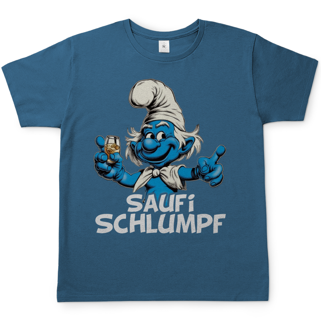 Steinblaues Herren Shirt Saufi Schlumpf mit blauer Schlumpf-Figur hält Glas, Frontansicht, weißer Hintergrund