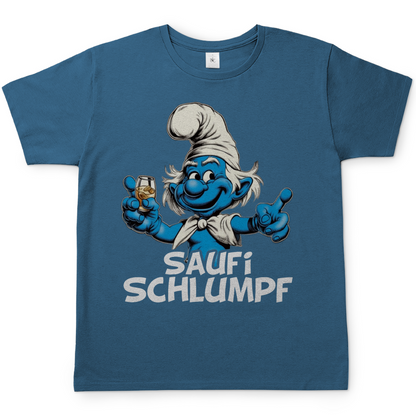 Steinblaues Herren Shirt Saufi Schlumpf mit blauer Schlumpf-Figur hält Glas, Frontansicht, weißer Hintergrund